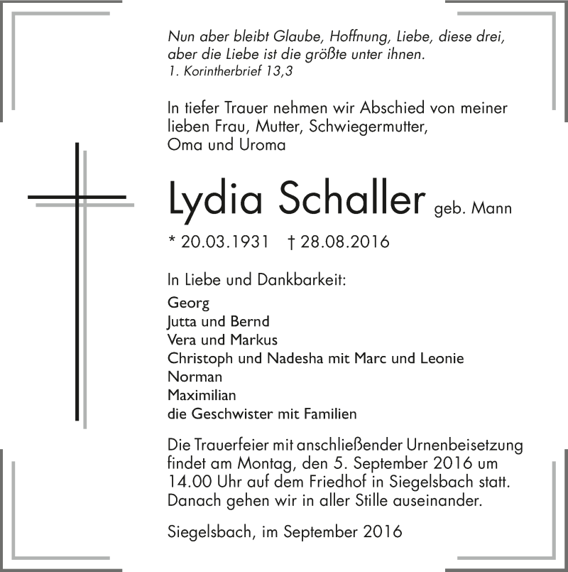  Traueranzeige für Lydia Schaller vom 02.09.2016 aus 