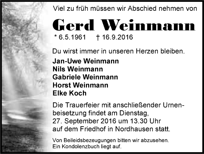  Traueranzeige für Gerd Weinmann vom 22.09.2016 aus 