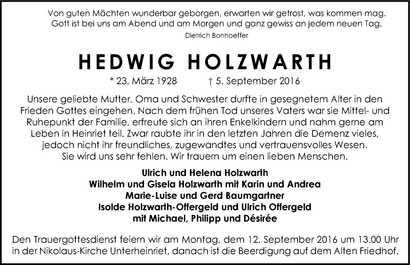  Traueranzeige für Hedwig Holzwarth vom 08.09.2016 aus 
