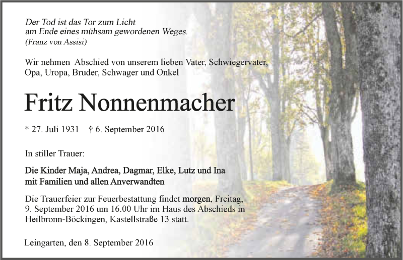  Traueranzeige für Fritz Nonnenmacher vom 08.09.2016 aus 