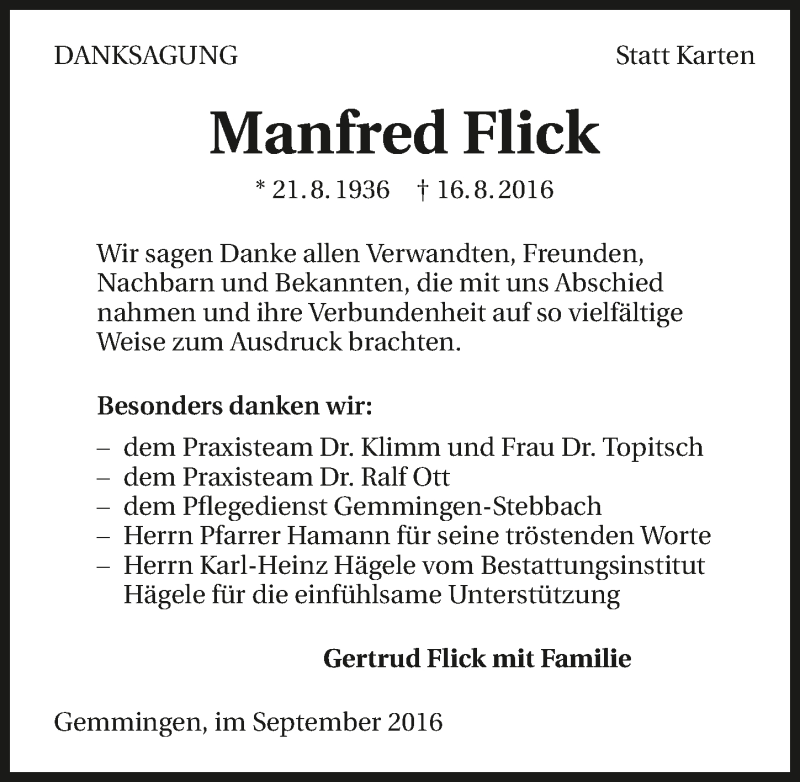  Traueranzeige für Manfred Flick vom 10.09.2016 aus 