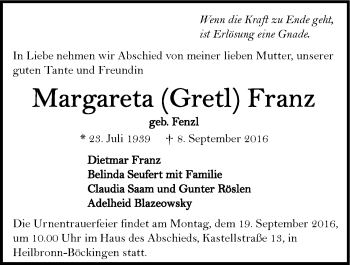 Traueranzeige von Margareta Franz 