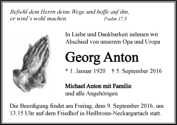 Traueranzeige von Georg Anton 