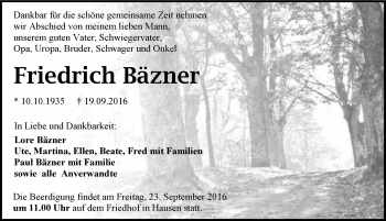Traueranzeige von Friedrich Bäzner 
