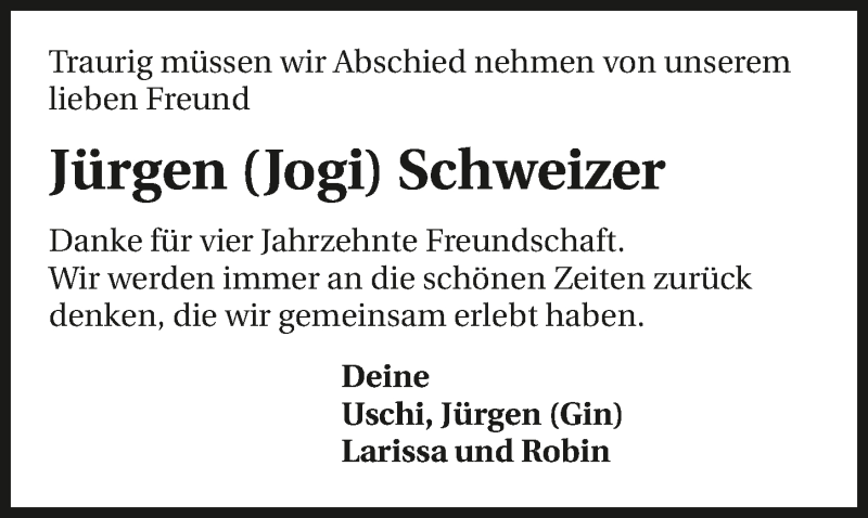  Traueranzeige für Jürgen Schweizer vom 07.09.2016 aus 
