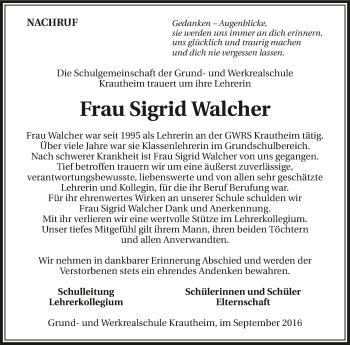 Traueranzeige von Sigrid Walcher 