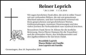 Traueranzeige von Reiner Leprich 