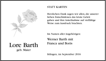 Traueranzeige von Lore Barth 