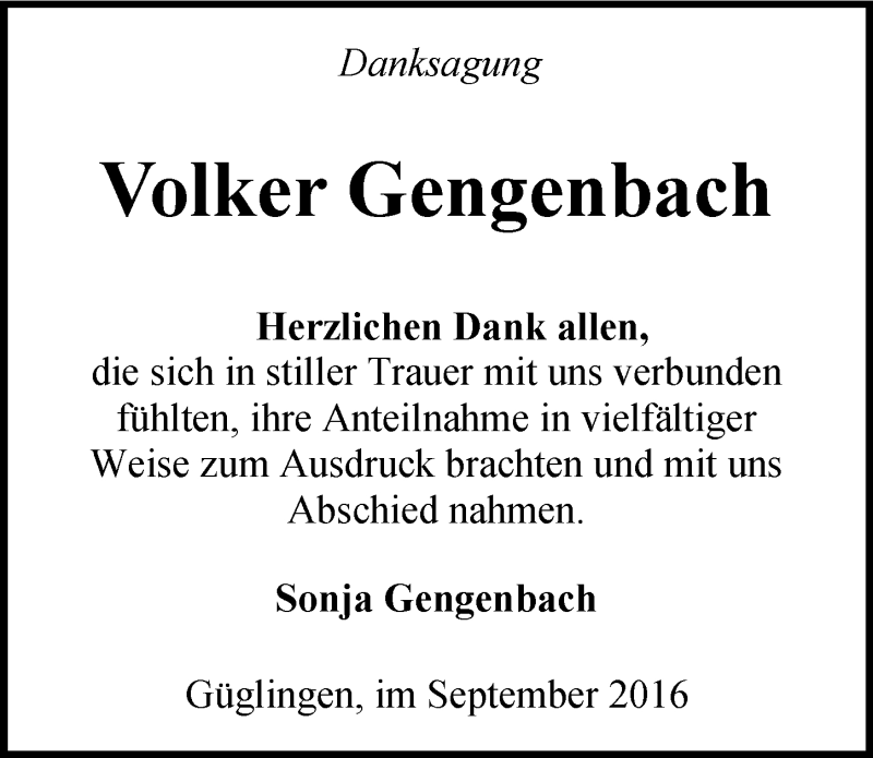  Traueranzeige für Volker Gengenbach vom 01.10.2016 aus 