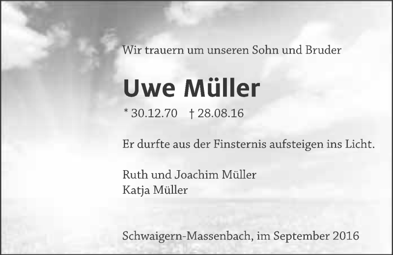  Traueranzeige für Uwe Müller vom 15.09.2016 aus 