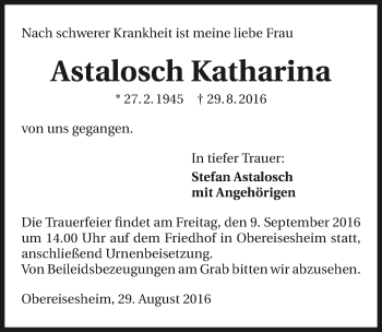Traueranzeige von Katharina Astalosch 