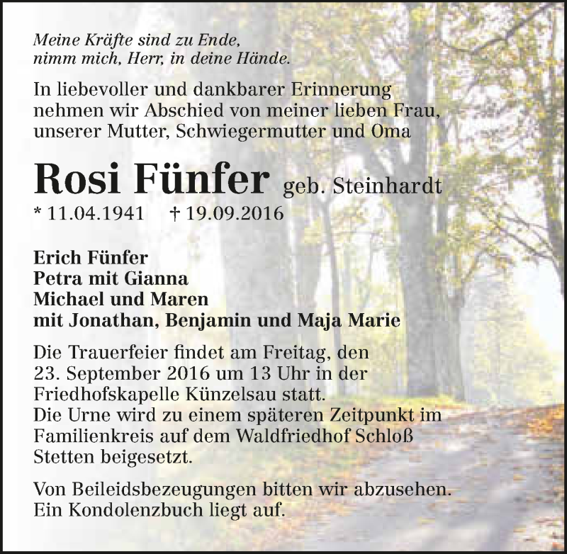  Traueranzeige für Rosi Fünfer vom 21.09.2016 aus 