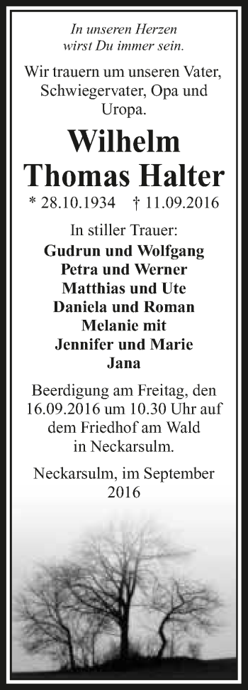 Traueranzeige von Wilhelm Thomas Halter 