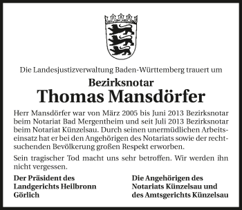 Traueranzeige von Thomas Mansdörfer 