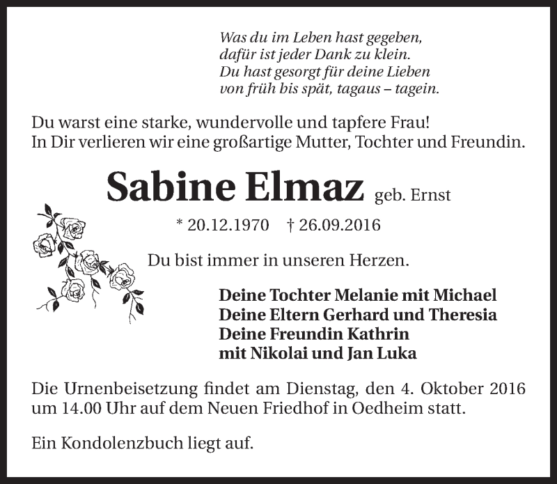  Traueranzeige für Sabine Elmaz vom 28.09.2016 aus 