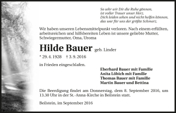 Traueranzeige von Hilde Bauer 