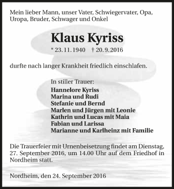Traueranzeige von Klaus Kyriss 