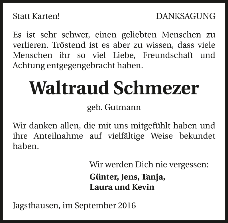  Traueranzeige für Waltraud Schmezer vom 17.09.2016 aus 