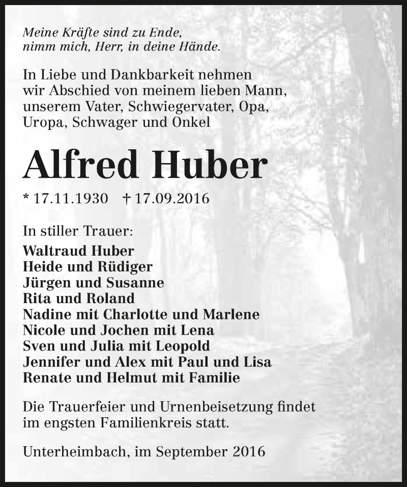  Traueranzeige für Alfred Huber vom 22.09.2016 aus 