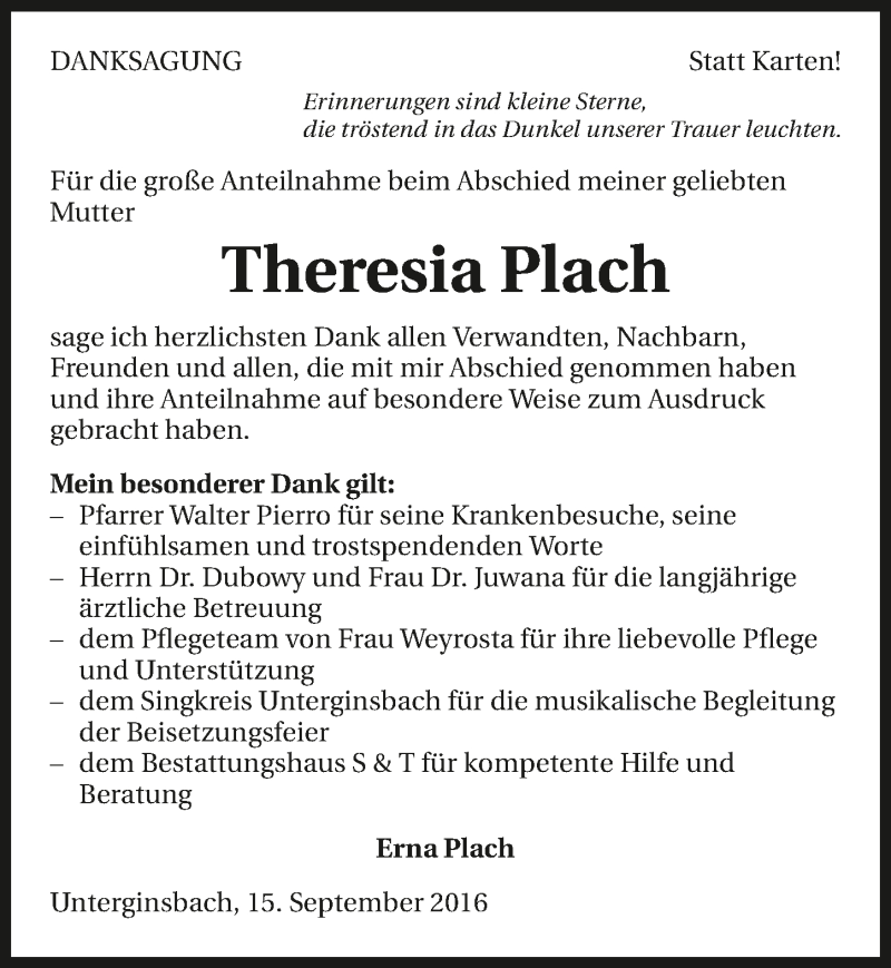  Traueranzeige für Theresia Plach vom 15.09.2016 aus 
