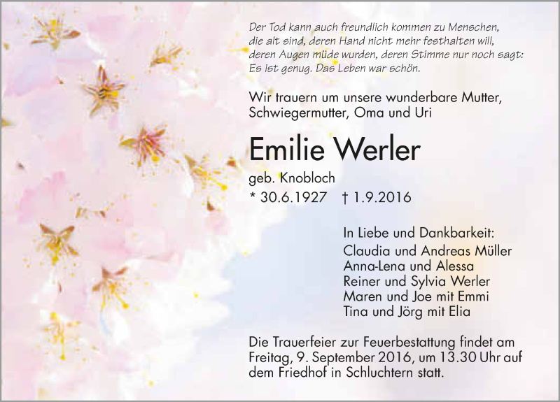  Traueranzeige für Emilie Werler vom 06.09.2016 aus 