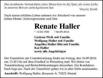 Traueranzeige von Renate Haller 