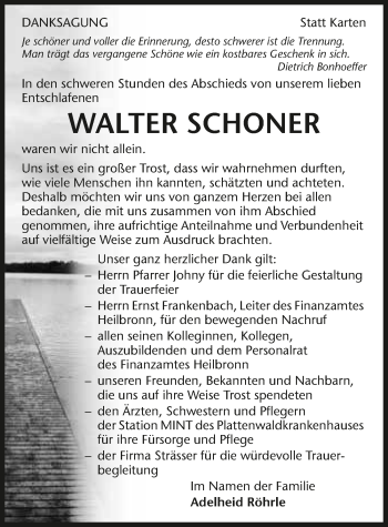 Traueranzeige von Walter Schoner 