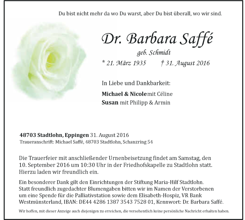  Traueranzeige für Barbara Saffé vom 03.09.2016 aus 