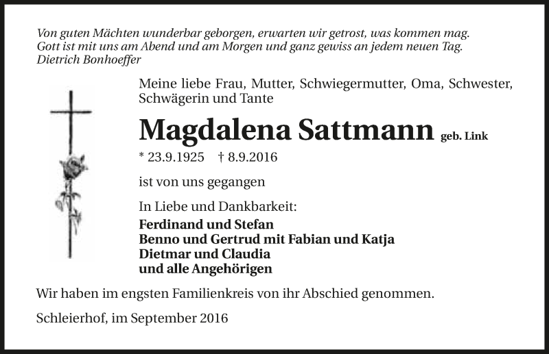  Traueranzeige für Magdalena Sattmann vom 13.09.2016 aus 
