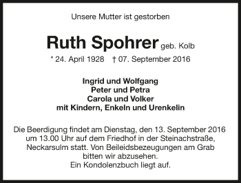 Traueranzeige von Ruth Spohrer 