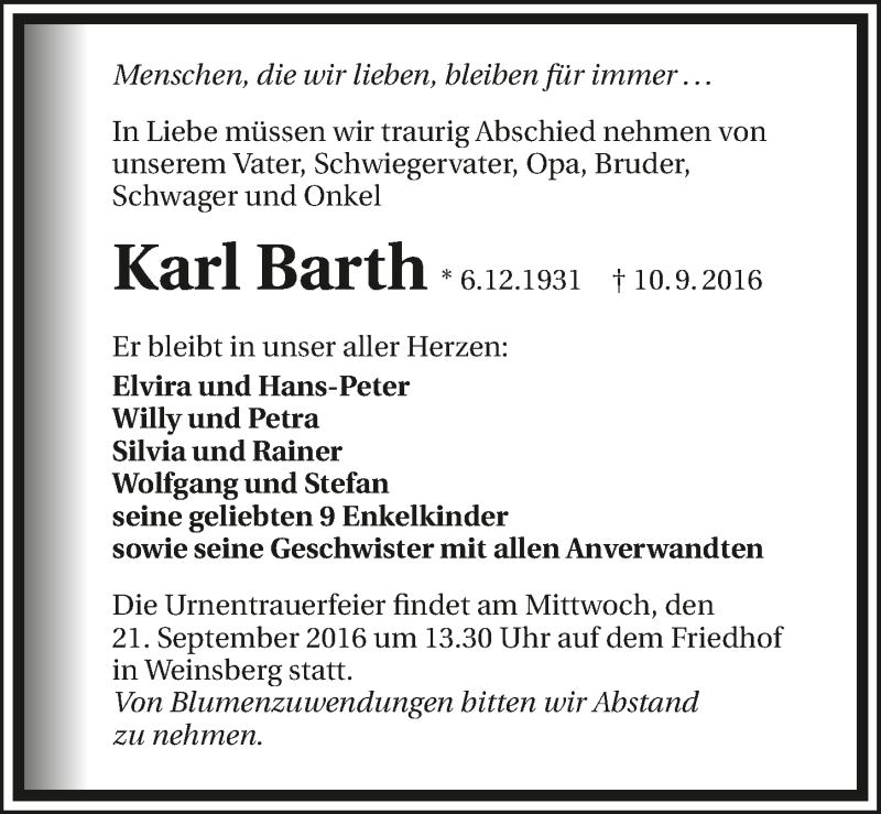  Traueranzeige für Karl Barth vom 17.09.2016 aus 