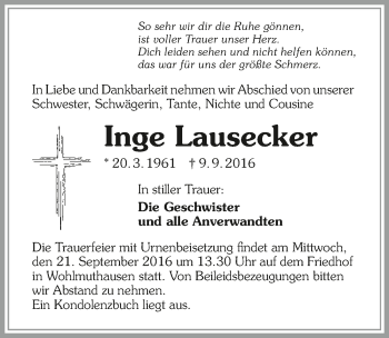 Traueranzeige von Inge Lausecker 