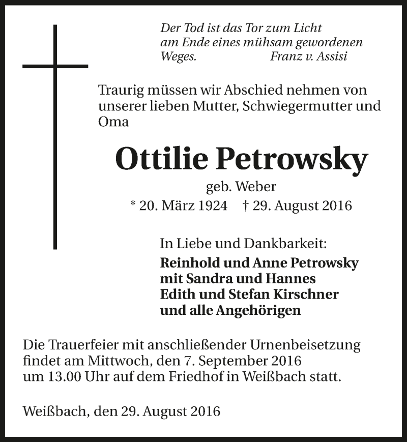  Traueranzeige für Ottilie Petrowsky vom 03.09.2016 aus 