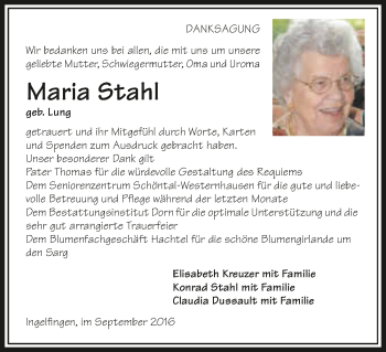 Traueranzeige von Maria Stahl 