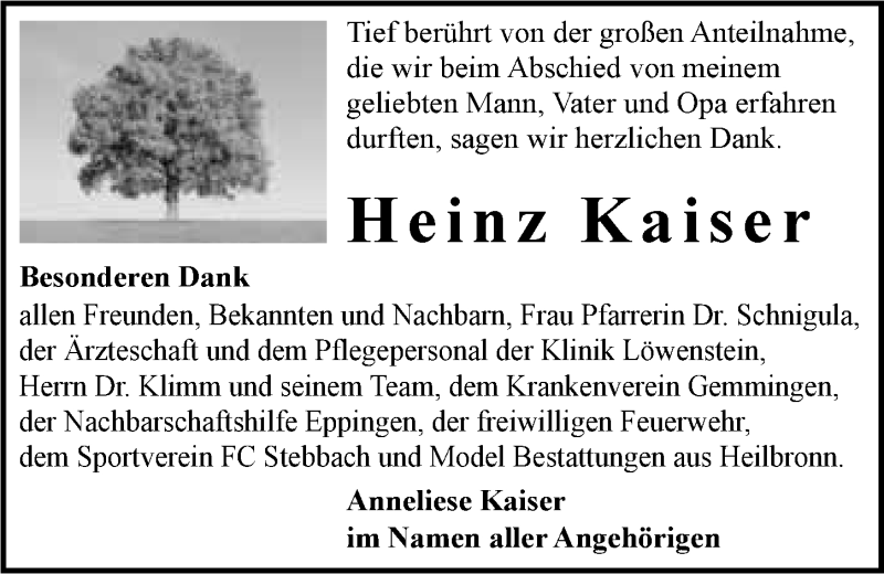  Traueranzeige für Heinz Kaiser vom 17.09.2016 aus 