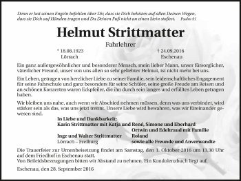 Traueranzeige von Helmut Strittmatter 