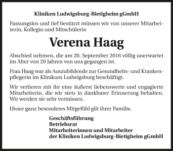Traueranzeige von Verena Haag 