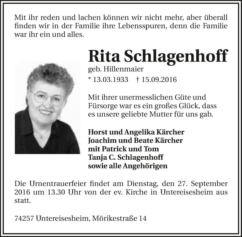  Traueranzeige für Rita Schlagenhoff vom 17.09.2016 aus 