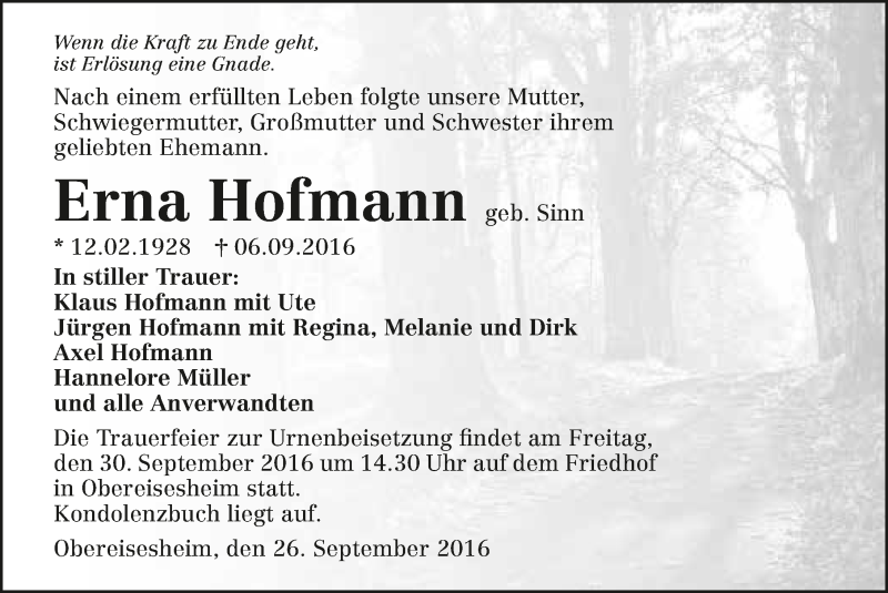  Traueranzeige für Erna Hofmann vom 26.09.2016 aus 