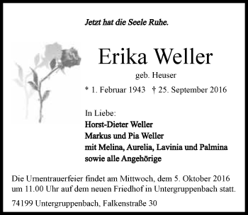 Traueranzeige von Erika Weller 