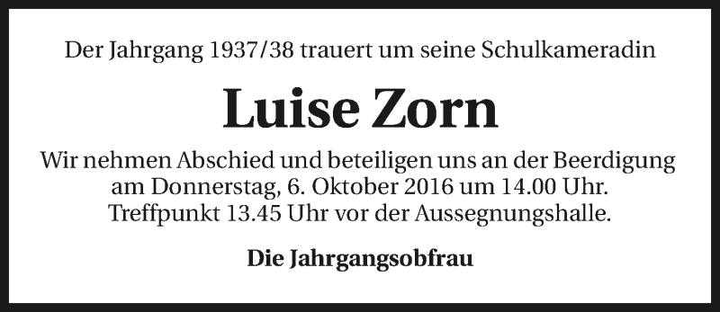  Traueranzeige für Luise Zorn vom 01.10.2016 aus 
