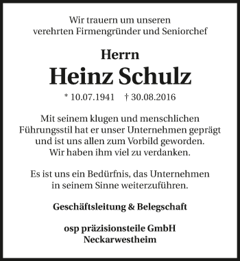 Traueranzeige von Heinz Schulz 