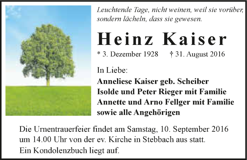  Traueranzeige für Heinz Kaiser vom 03.09.2016 aus 