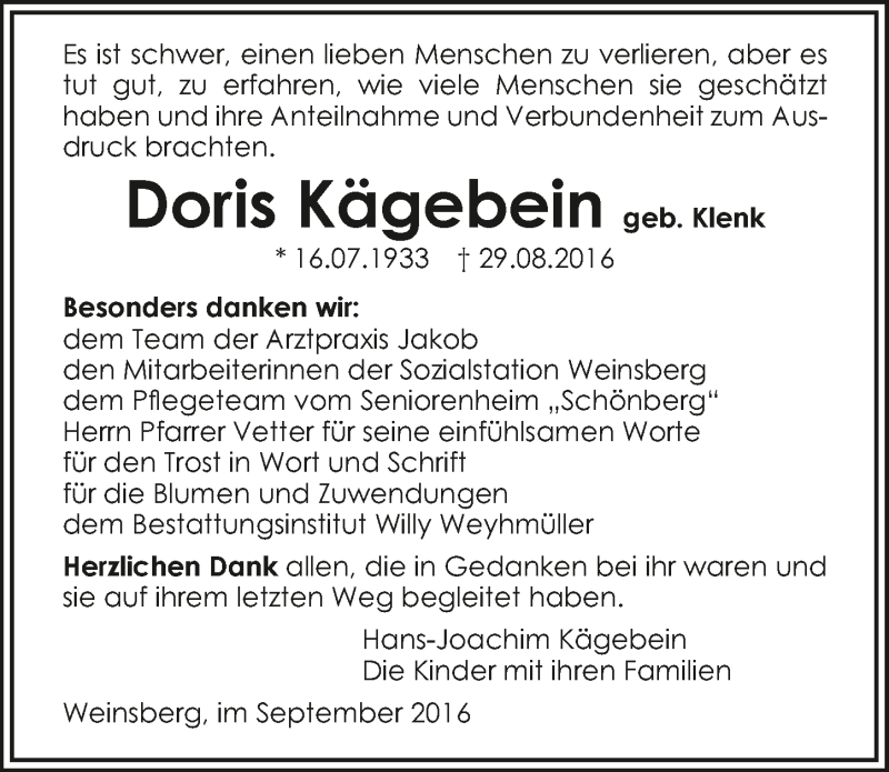 Traueranzeige für Doris Kägebein vom 07.09.2016 aus 
