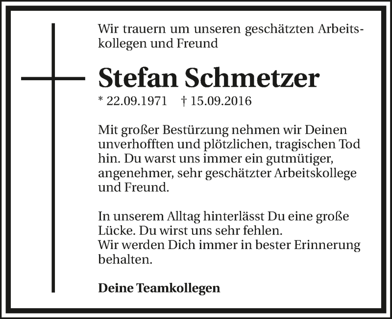  Traueranzeige für Stefan Schmetzer vom 17.09.2016 aus 