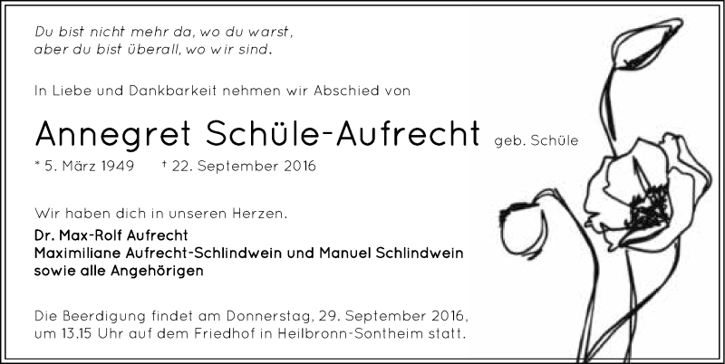  Traueranzeige für Annegret Schüle-Aufrecht vom 24.09.2016 aus 