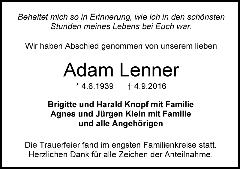  Traueranzeige für Adam Lenner vom 17.09.2016 aus 