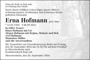 Traueranzeige von Erna Hofmann 