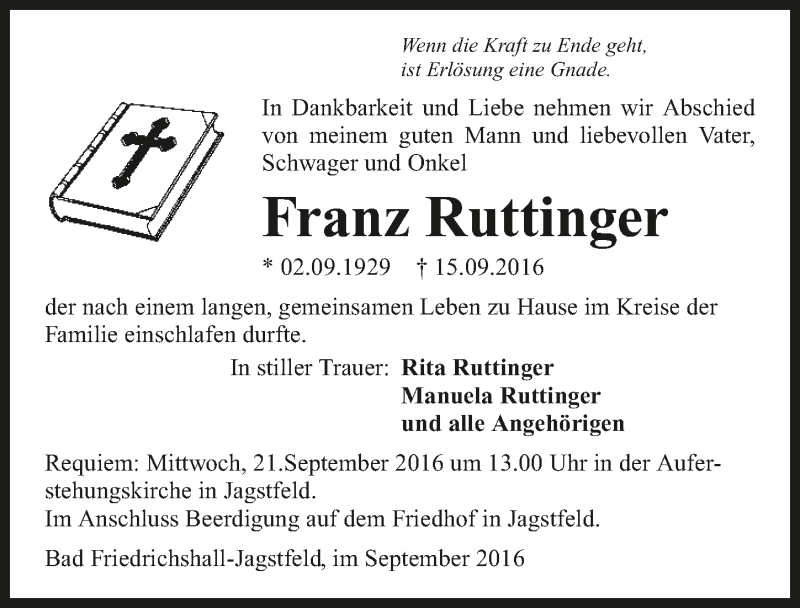  Traueranzeige für Franz Ruttinger vom 19.09.2016 aus 