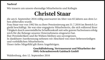 Traueranzeige von Christel Staar 